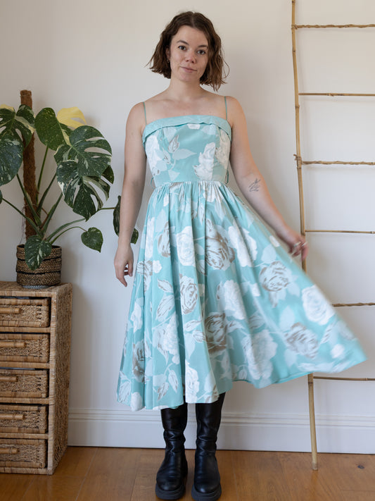80s Rose Print Midi Dress - S