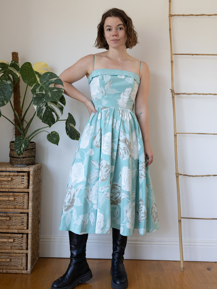 80s Rose Print Midi Dress - S