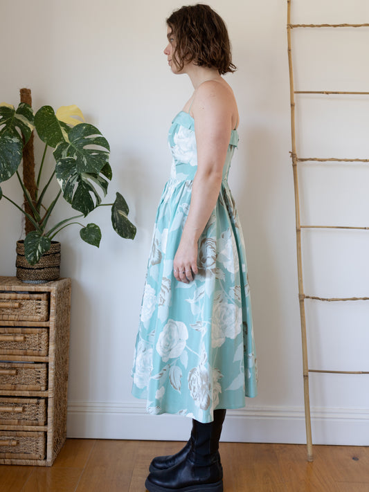 80s Rose Print Midi Dress - S