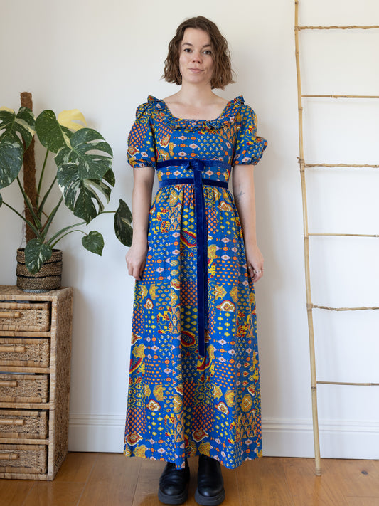70s Bold Blue Patterned Maxi Dress - S