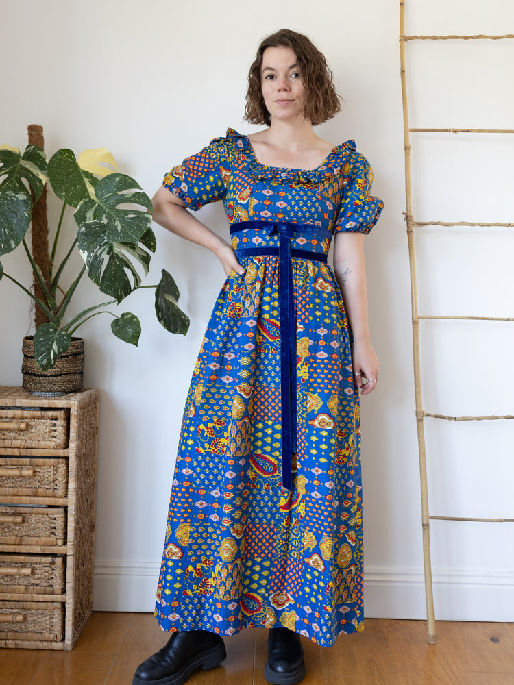 70s Bold Blue Patterned Maxi Dress - S