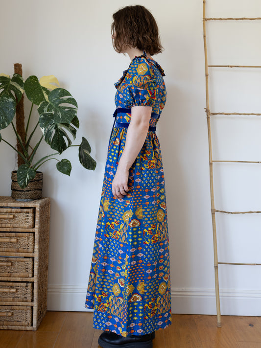 70s Bold Blue Patterned Maxi Dress - S