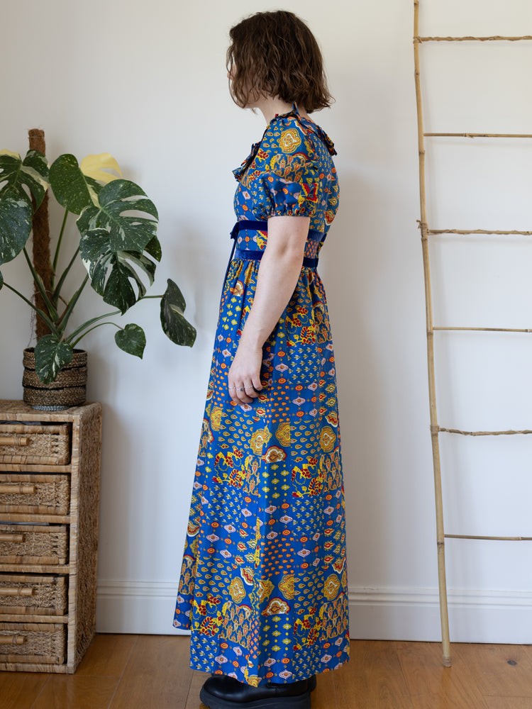 70s Bold Blue Patterned Maxi Dress - S