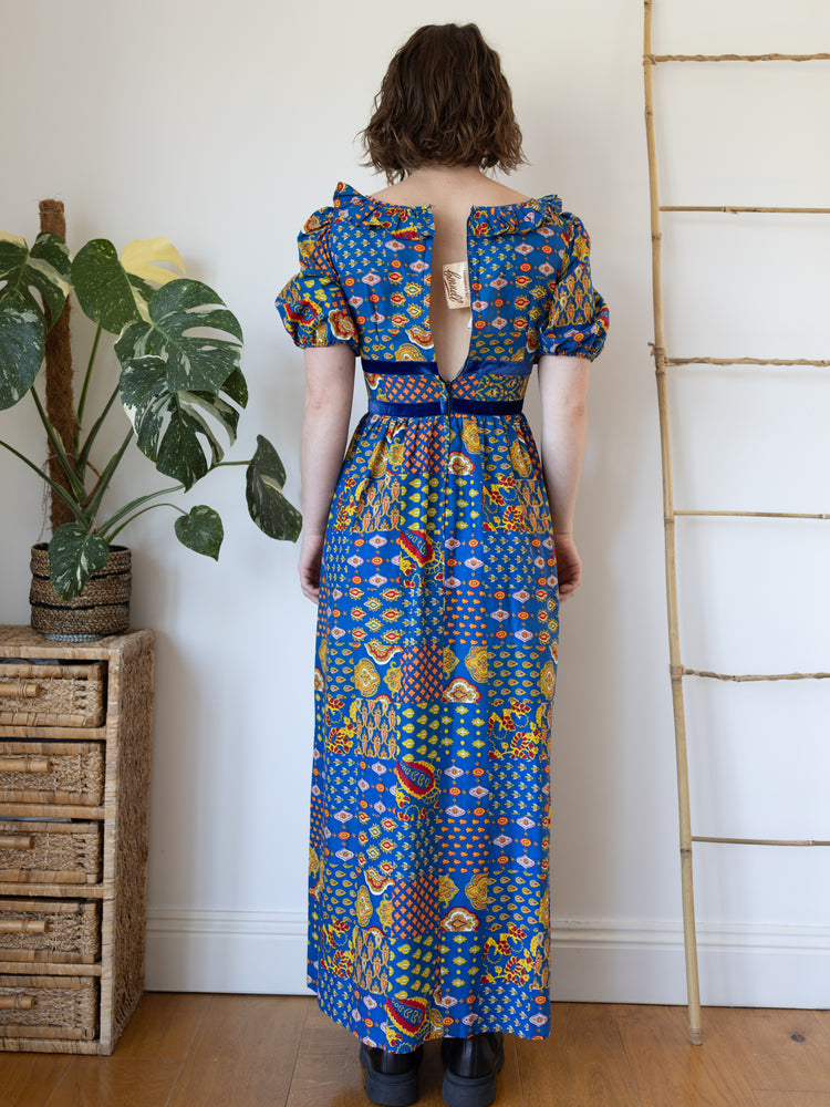 70s Bold Blue Patterned Maxi Dress - S