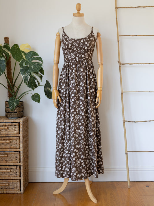 70s Quad Brown Floral Maxi Dress - XS