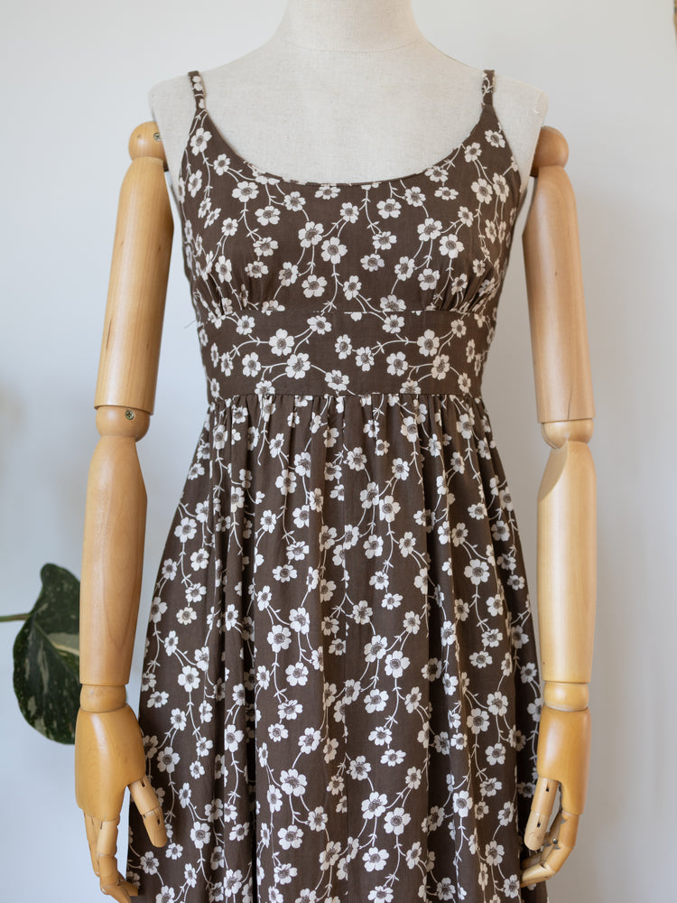 70s Quad Brown Floral Maxi Dress - XS