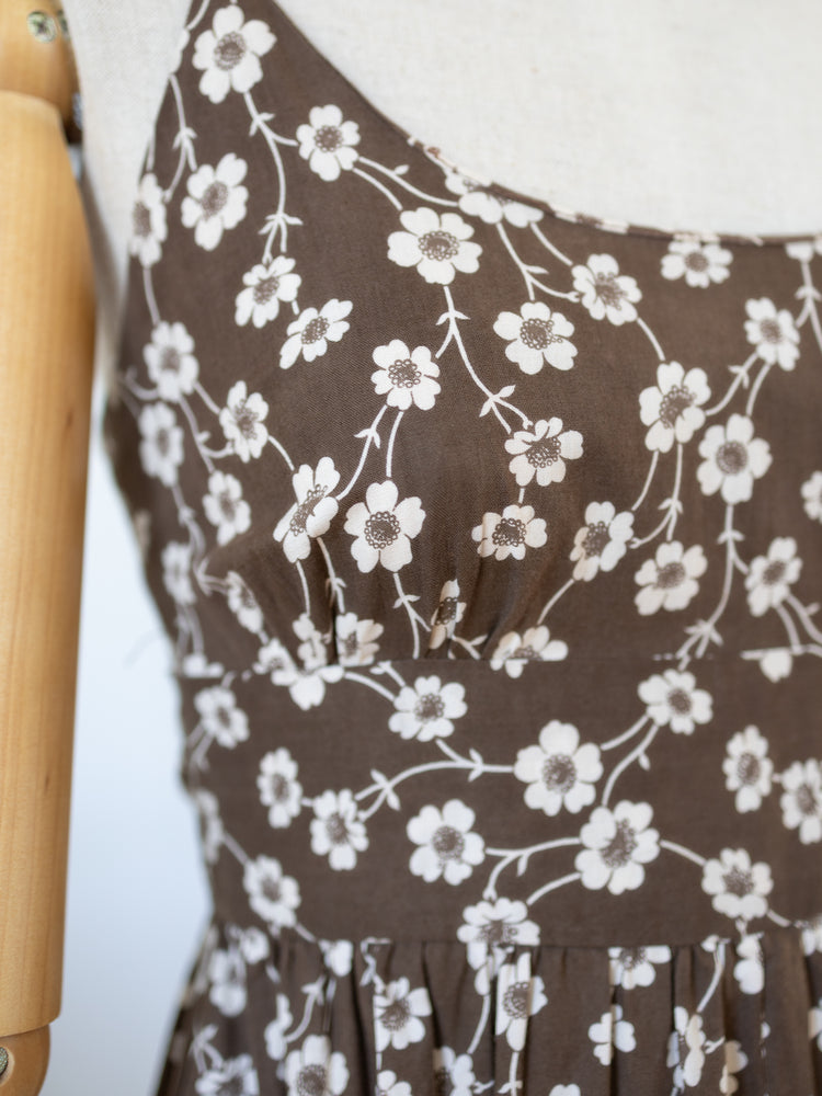 70s Quad Brown Floral Maxi Dress - XS