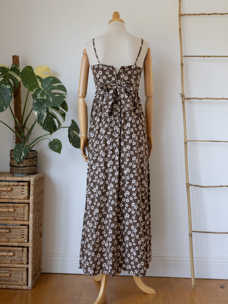 70s Quad Brown Floral Maxi Dress - XS