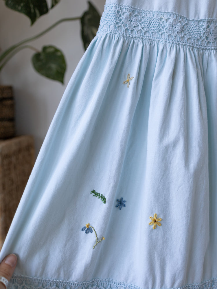 70s Laura Ashley Hand-Embroidered Crochet Dress - XS