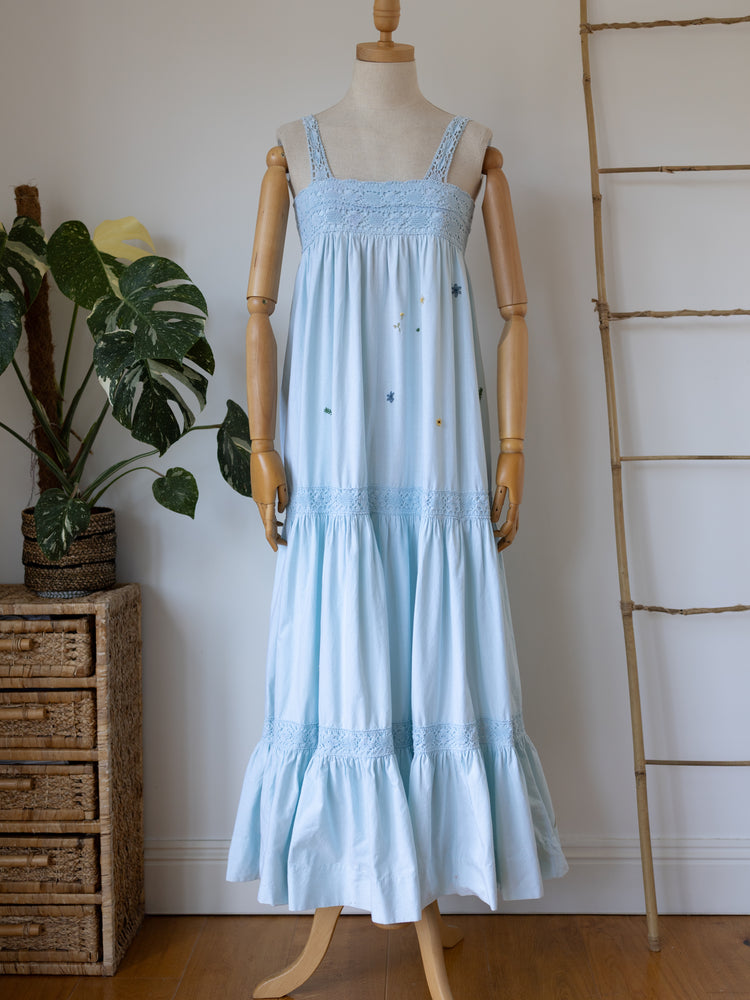70s Laura Ashley Hand-Embroidered Crochet Dress - XS