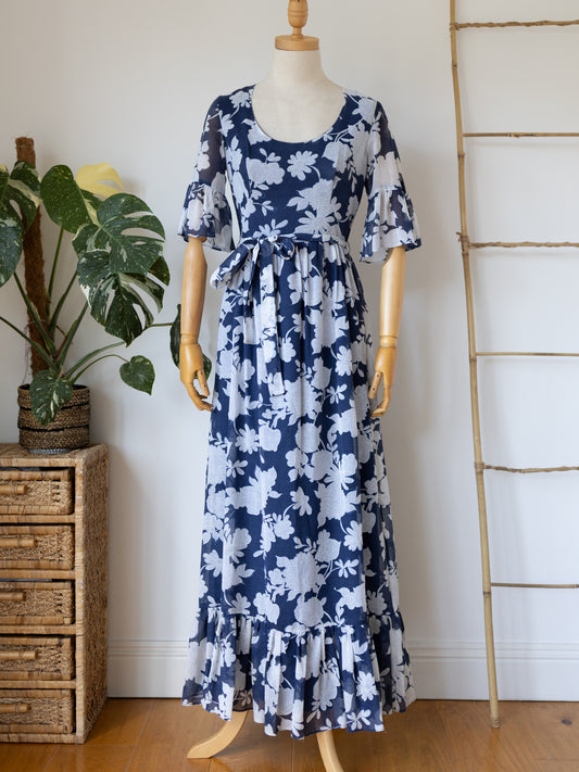 70s Debenhams Trumpet Sleeve Maxi Dress - XS