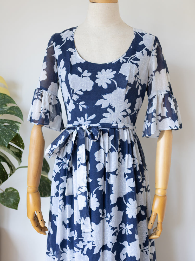 70s Debenhams Trumpet Sleeve Maxi Dress - XS