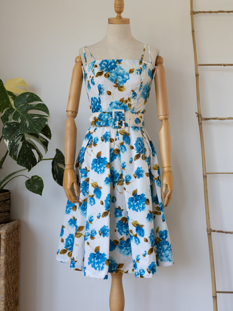 50s Floral Midi Dress with Belt - XS