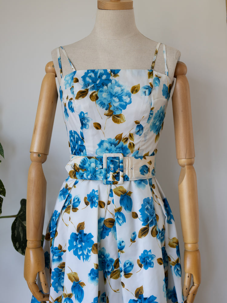 50s Floral Midi Dress with Belt - XS