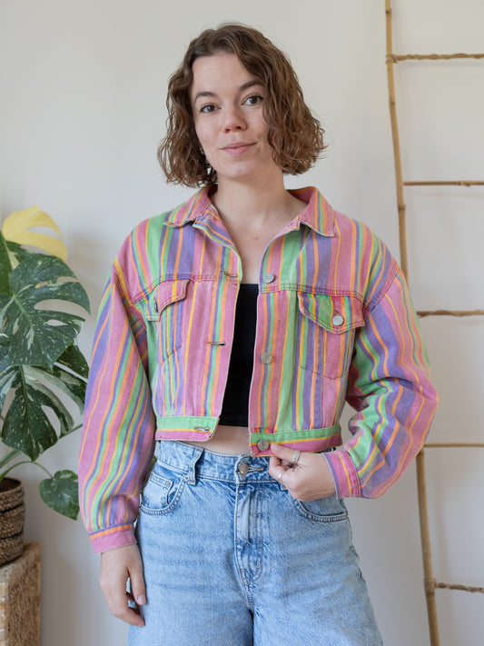 90s Rainbow Striped Denim Jacket - M