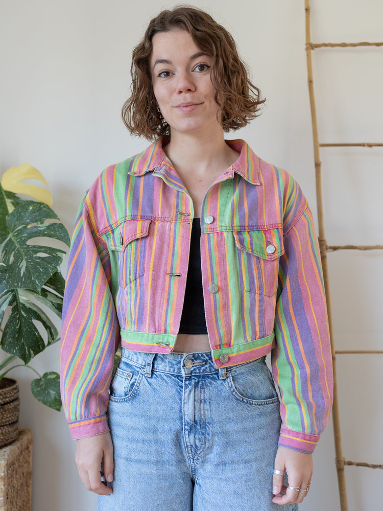 90s Rainbow Striped Denim Jacket - M