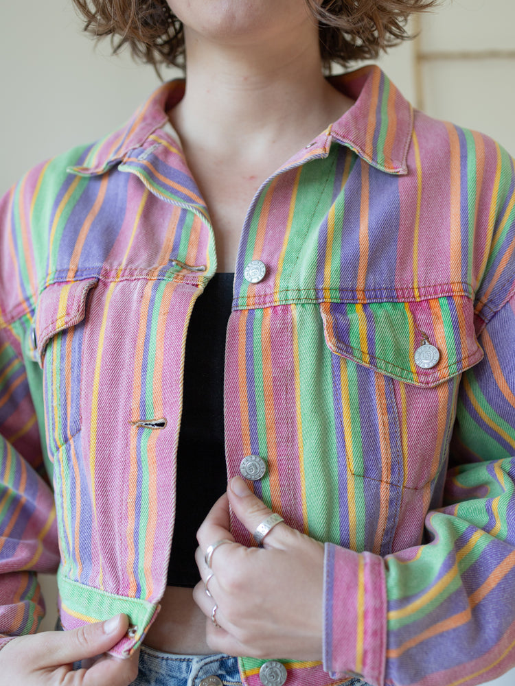 90s Rainbow Striped Denim Jacket - M