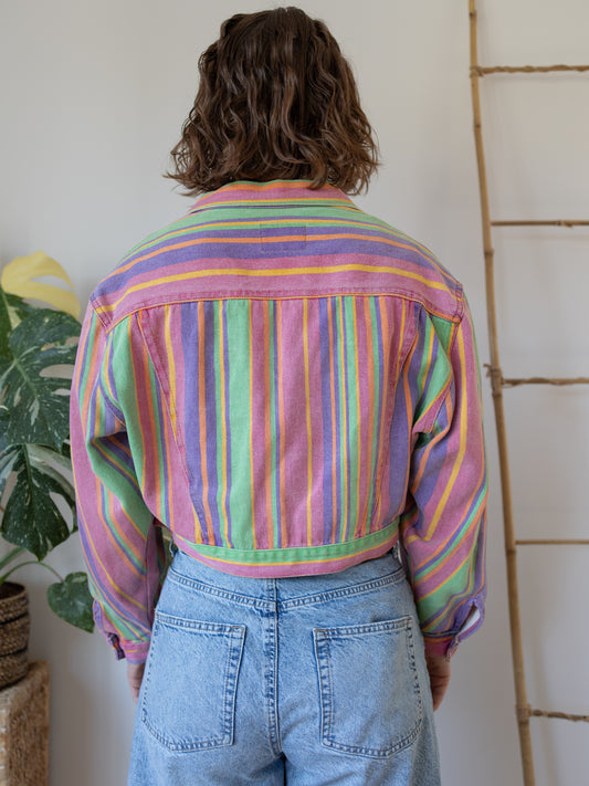 90s Rainbow Striped Denim Jacket - M