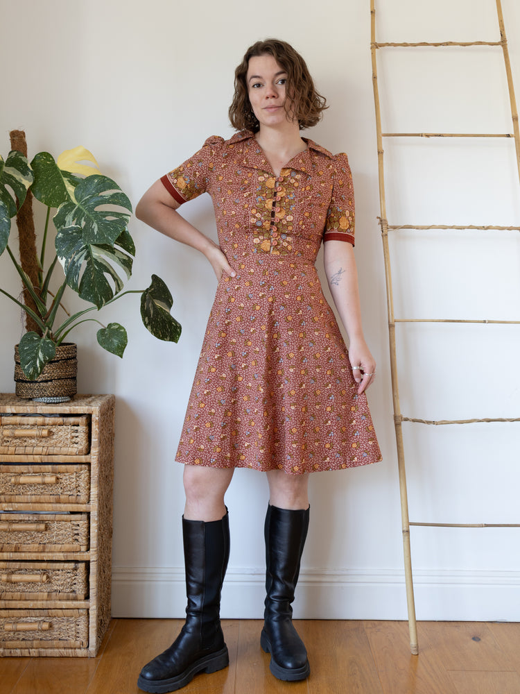 70s Brown Ditsy Floral Mini Dress - S