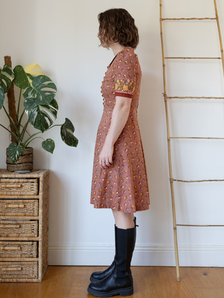 70s Brown Ditsy Floral Mini Dress - S