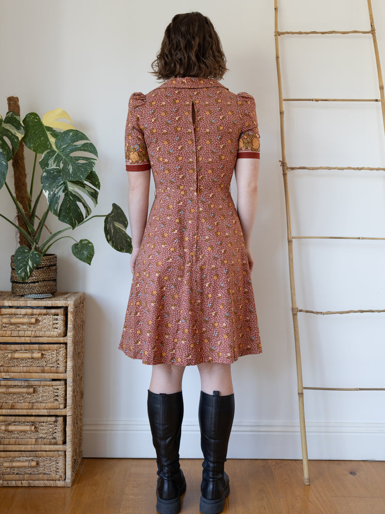 70s Brown Ditsy Floral Mini Dress - S