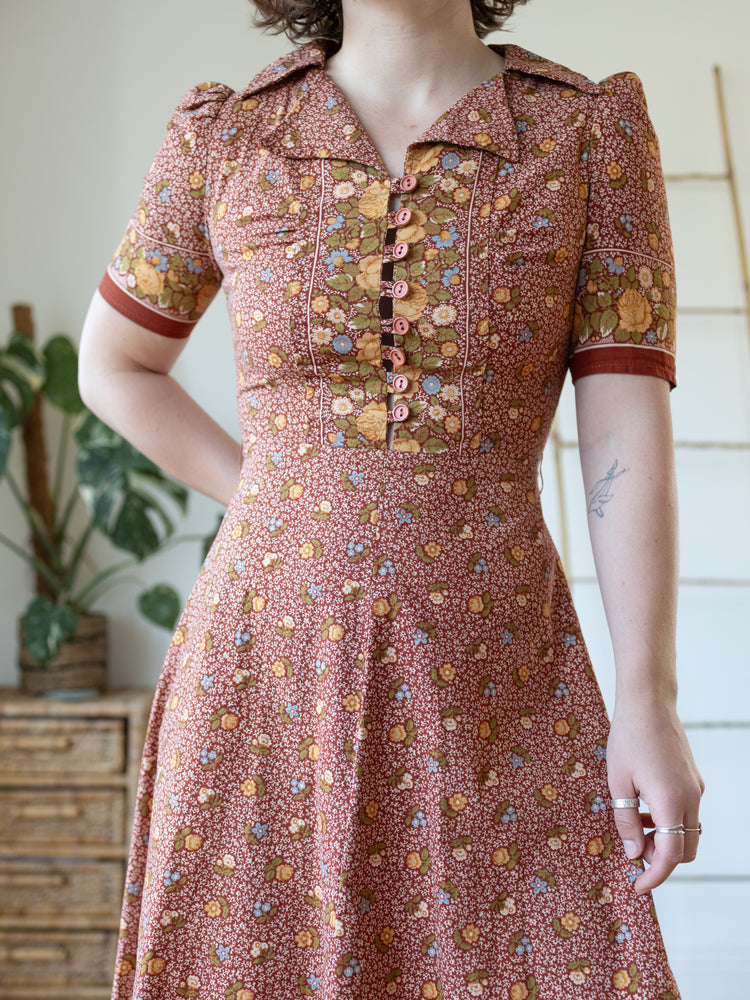 70s Brown Ditsy Floral Mini Dress - S