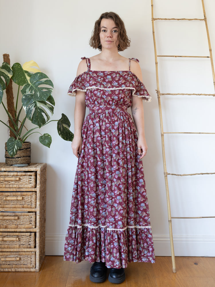 70s Deep Burgundy Floral Maxi Dress - XS