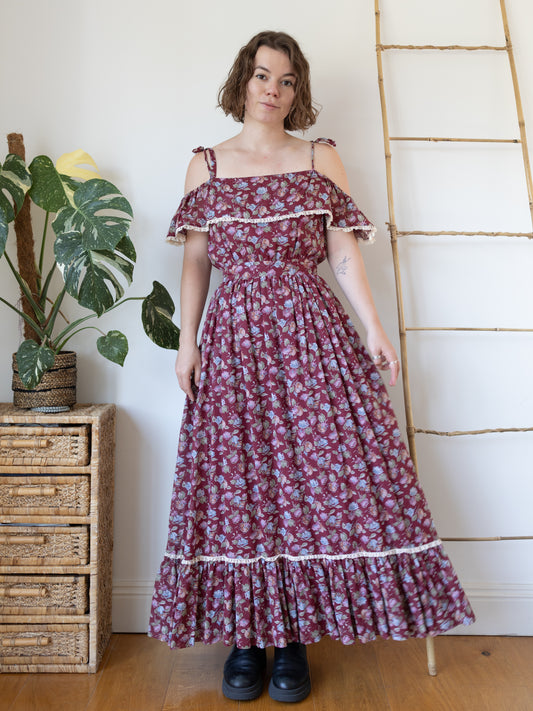 70s Deep Burgundy Floral Maxi Dress - XS