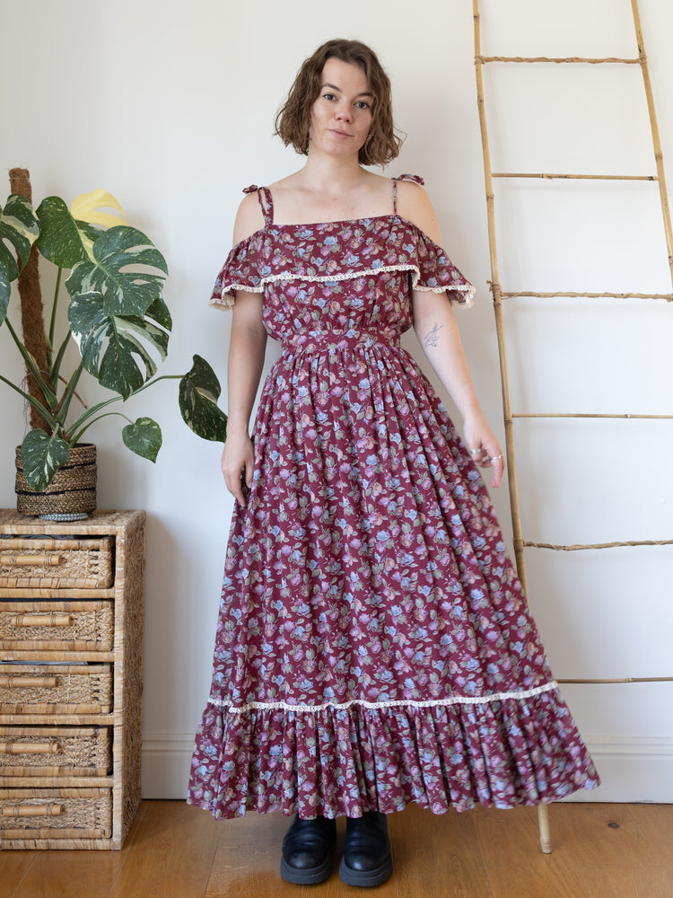 70s Deep Burgundy Floral Maxi Dress - XS