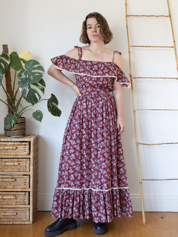 70s Deep Burgundy Floral Maxi Dress - XS