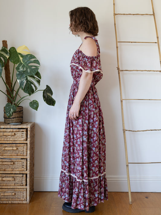 70s Deep Burgundy Floral Maxi Dress - XS