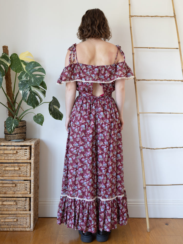 70s Deep Burgundy Floral Maxi Dress - XS