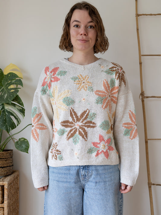 90s White Cotton Floral Jumper - M