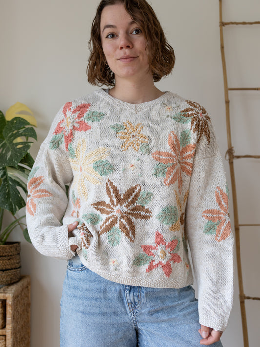 90s White Cotton Floral Jumper - M
