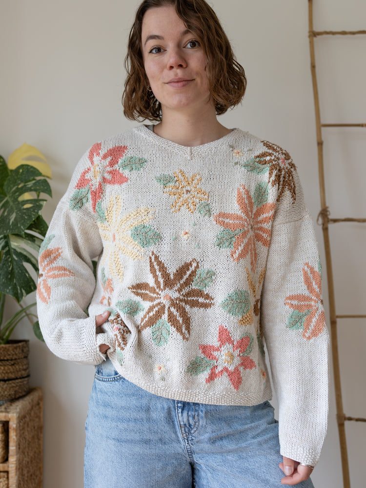 90s White Cotton Floral Jumper - M