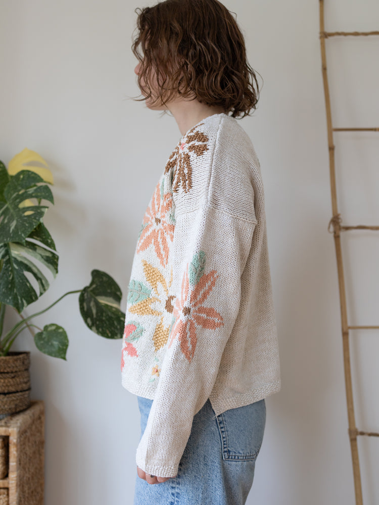 90s White Cotton Floral Jumper - M