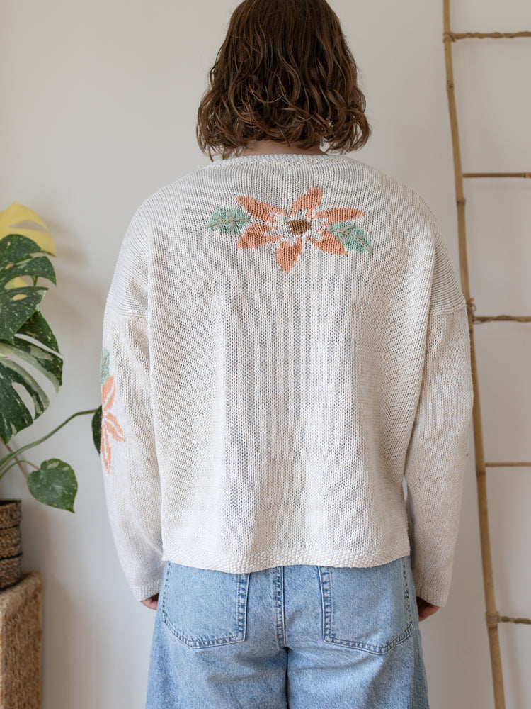 90s White Cotton Floral Jumper - M