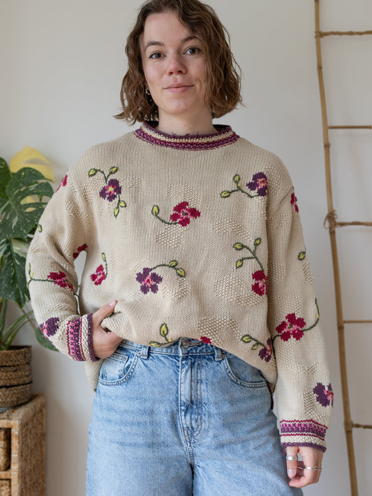 00s M&S Beige Floral Jumper - XL