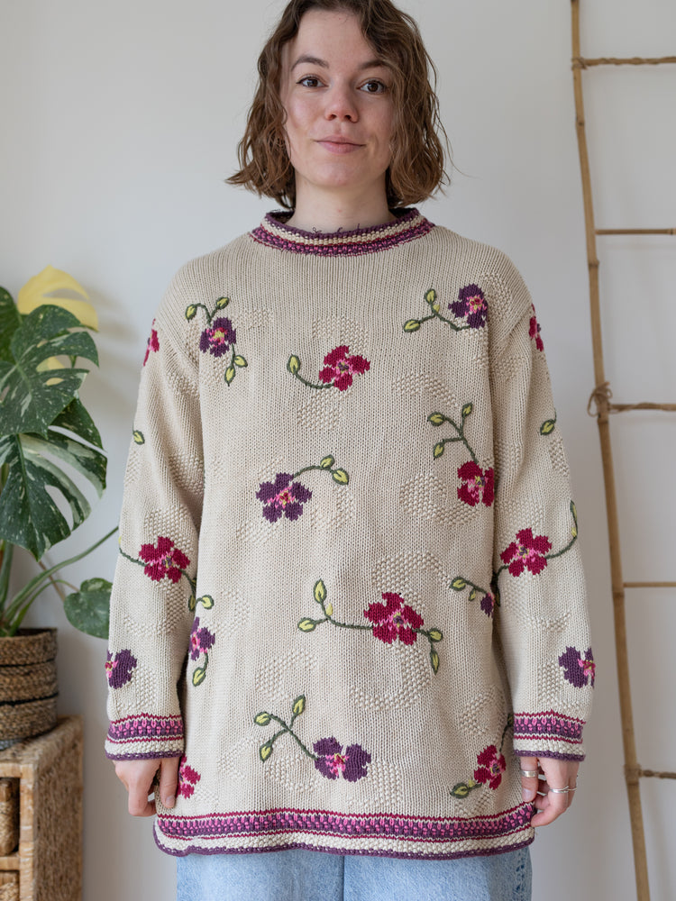 00s M&S Beige Floral Jumper - XL