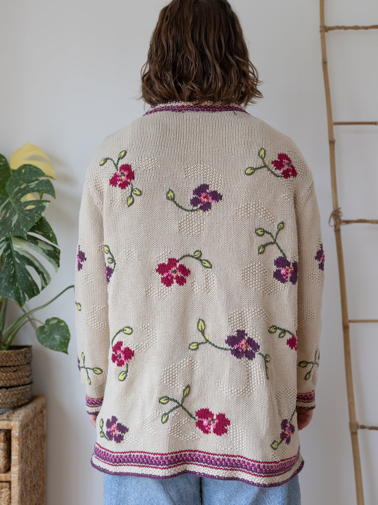 00s M&S Beige Floral Jumper - XL