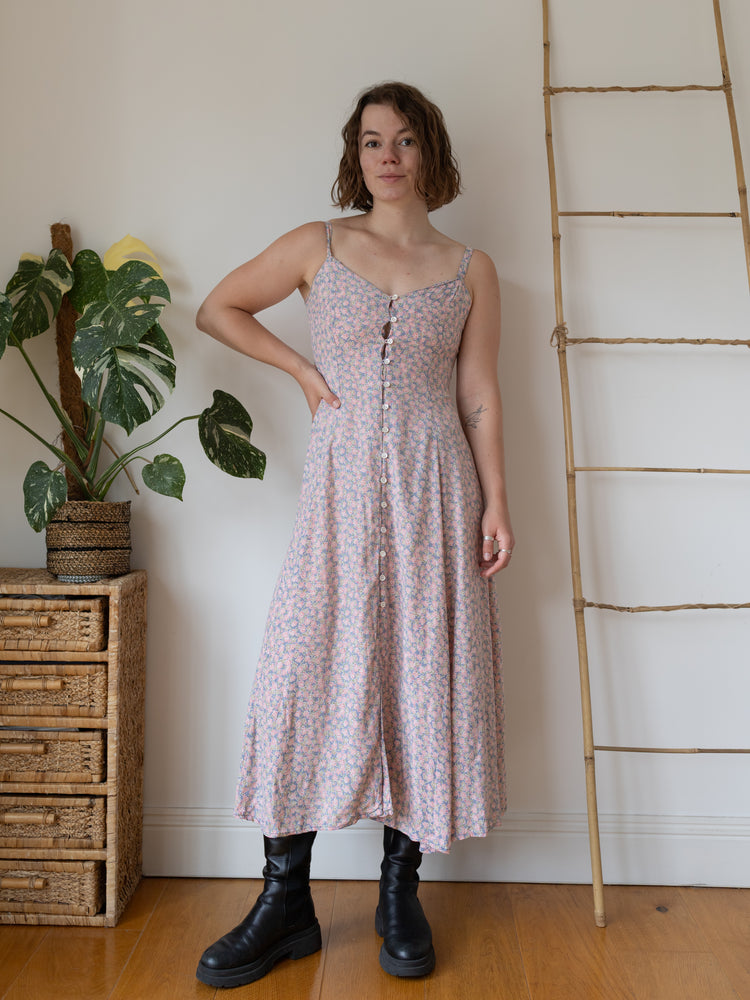 90s Monsoon Dusky Blue & Pink Floral Dress