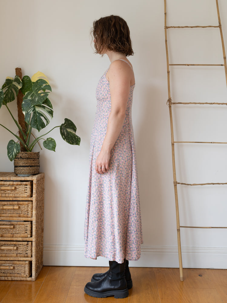 90s Monsoon Dusky Blue & Pink Floral Dress