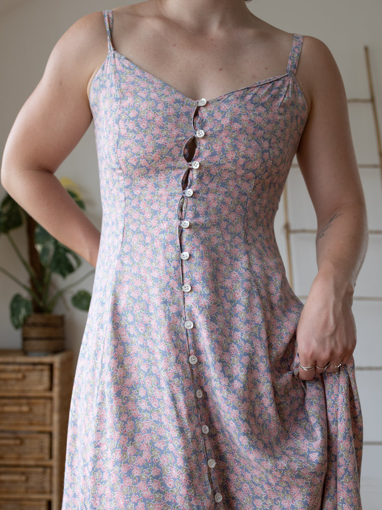90s Monsoon Dusky Blue & Pink Floral Dress