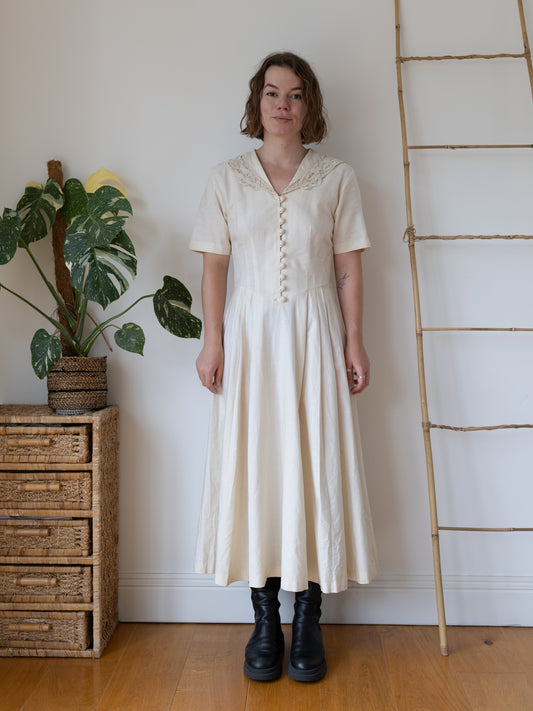 80s Laura Ashley Sailor Collar Linen Maxi Dress