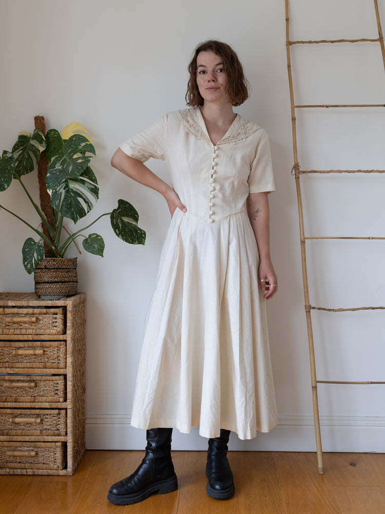 80s Laura Ashley Sailor Collar Linen Maxi Dress