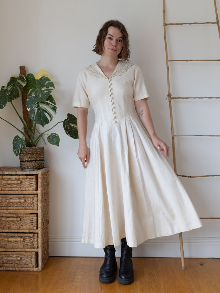 80s Laura Ashley Sailor Collar Linen Maxi Dress