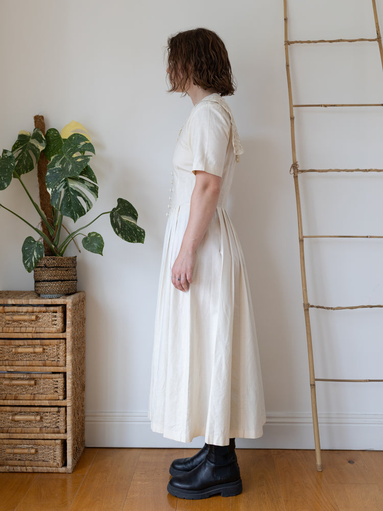 80s Laura Ashley Sailor Collar Linen Maxi Dress