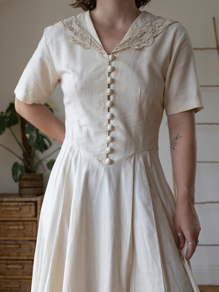 80s Laura Ashley Sailor Collar Linen Maxi Dress