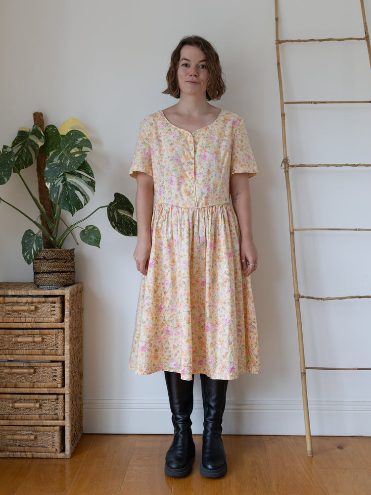 90s Laura Ashley Butter Yellow Floral Midi Dress