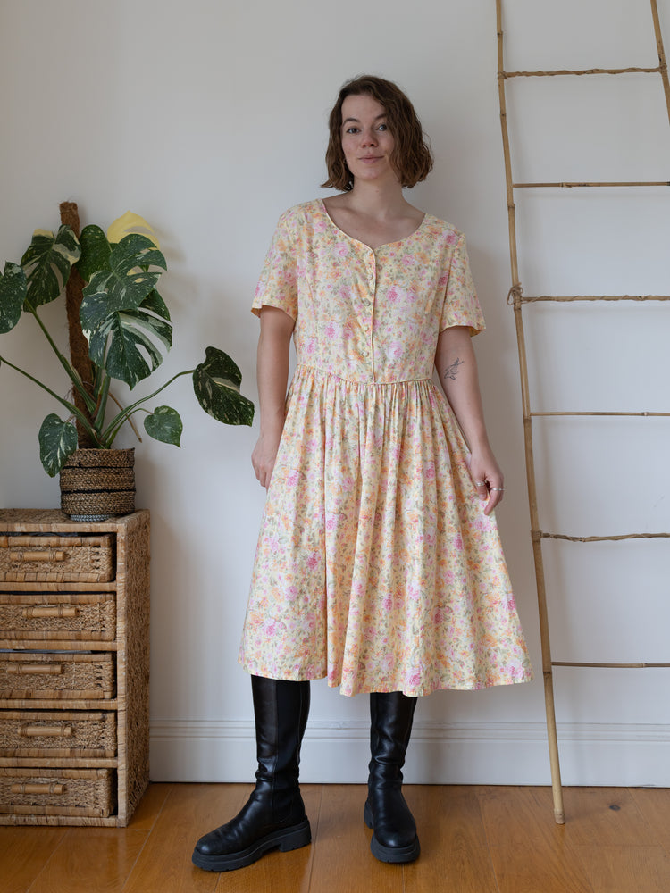 90s Laura Ashley Butter Yellow Floral Midi Dress
